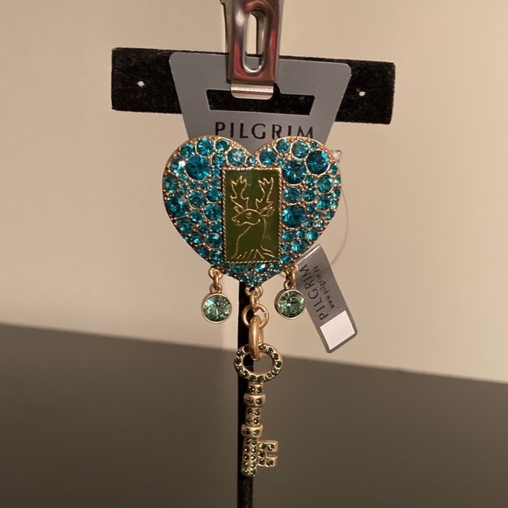 Pilgrim Teal Heart Brooch with Key Charm